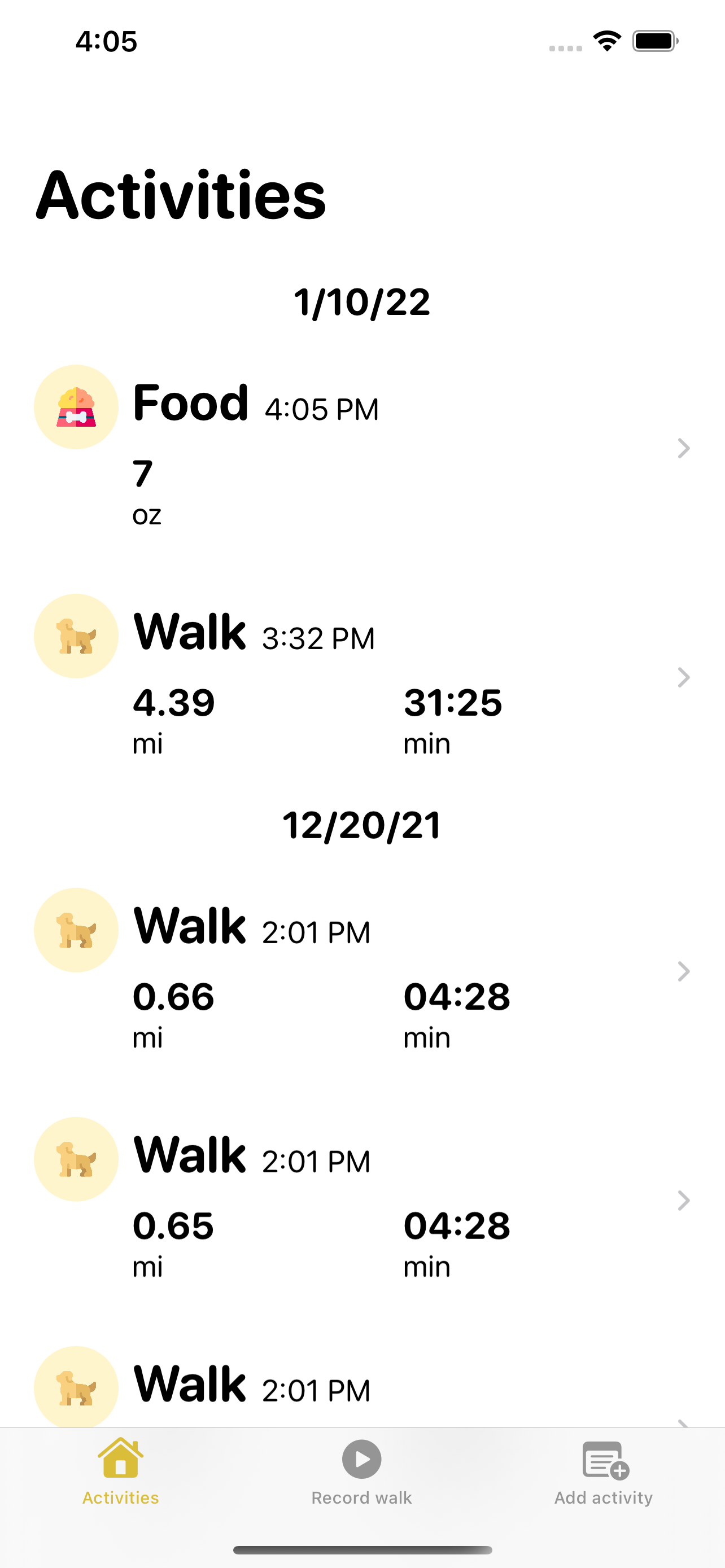Activity log showing walks, food, and daily records