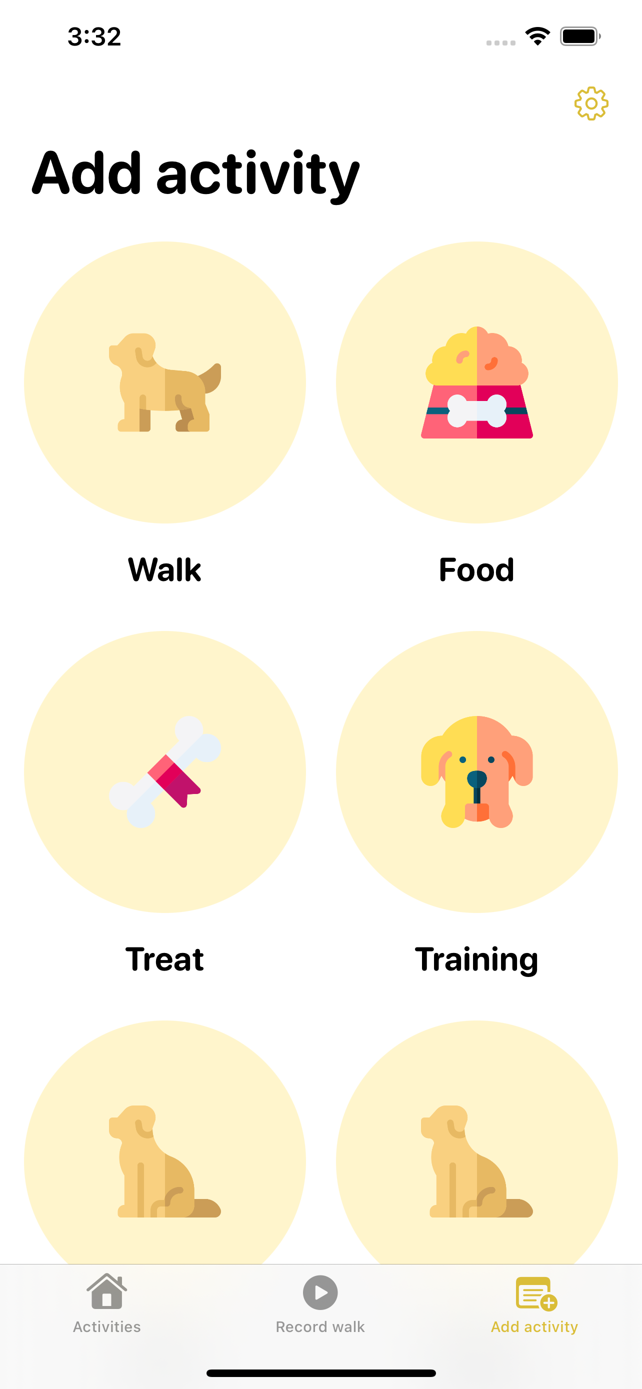 Add activity screen with Walk, Food, Treat, and Training options